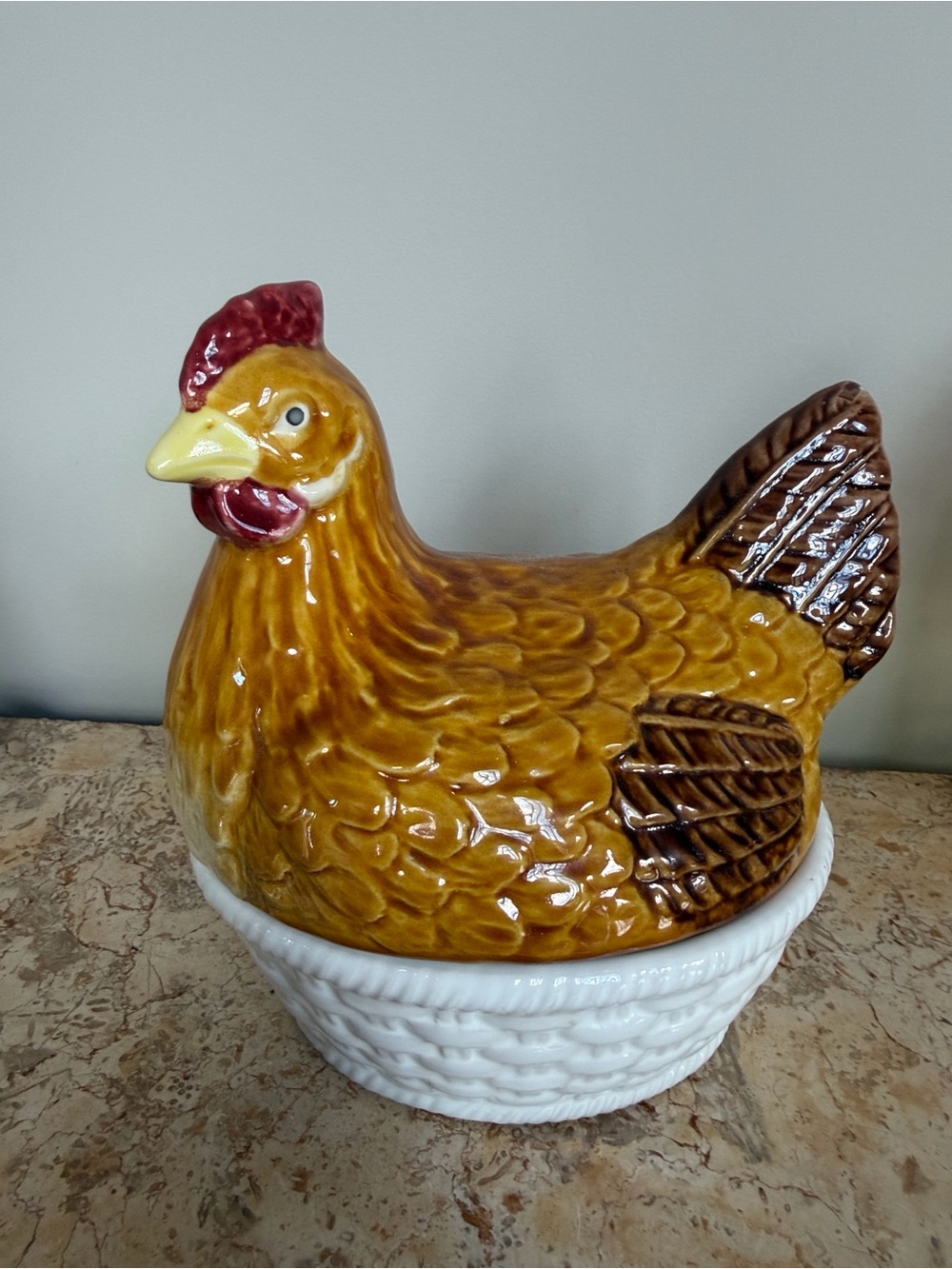 Vintage Portuguese Ceramic Hen on Nest Decorative Jar - Yellow and Brown